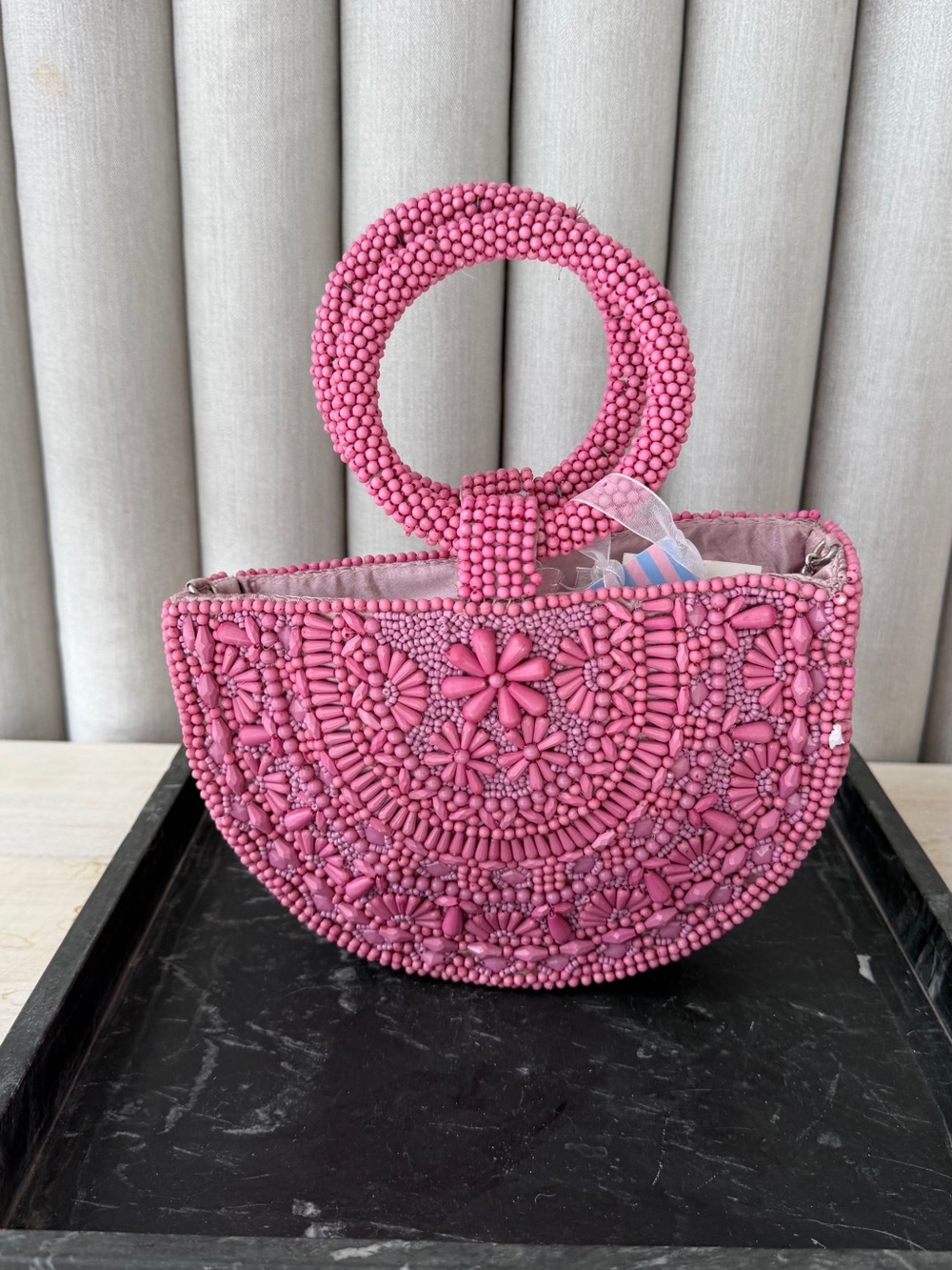 Beaded Pink Floral Half-Moon Wristlet